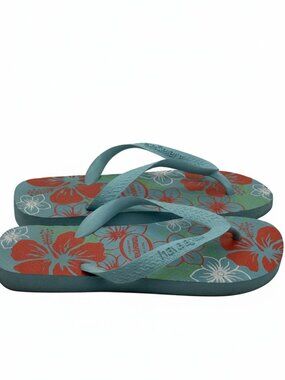 Havaianas Tropical Floral Print Flip Flops Blue Red Hibiscus Sandals Size 6
